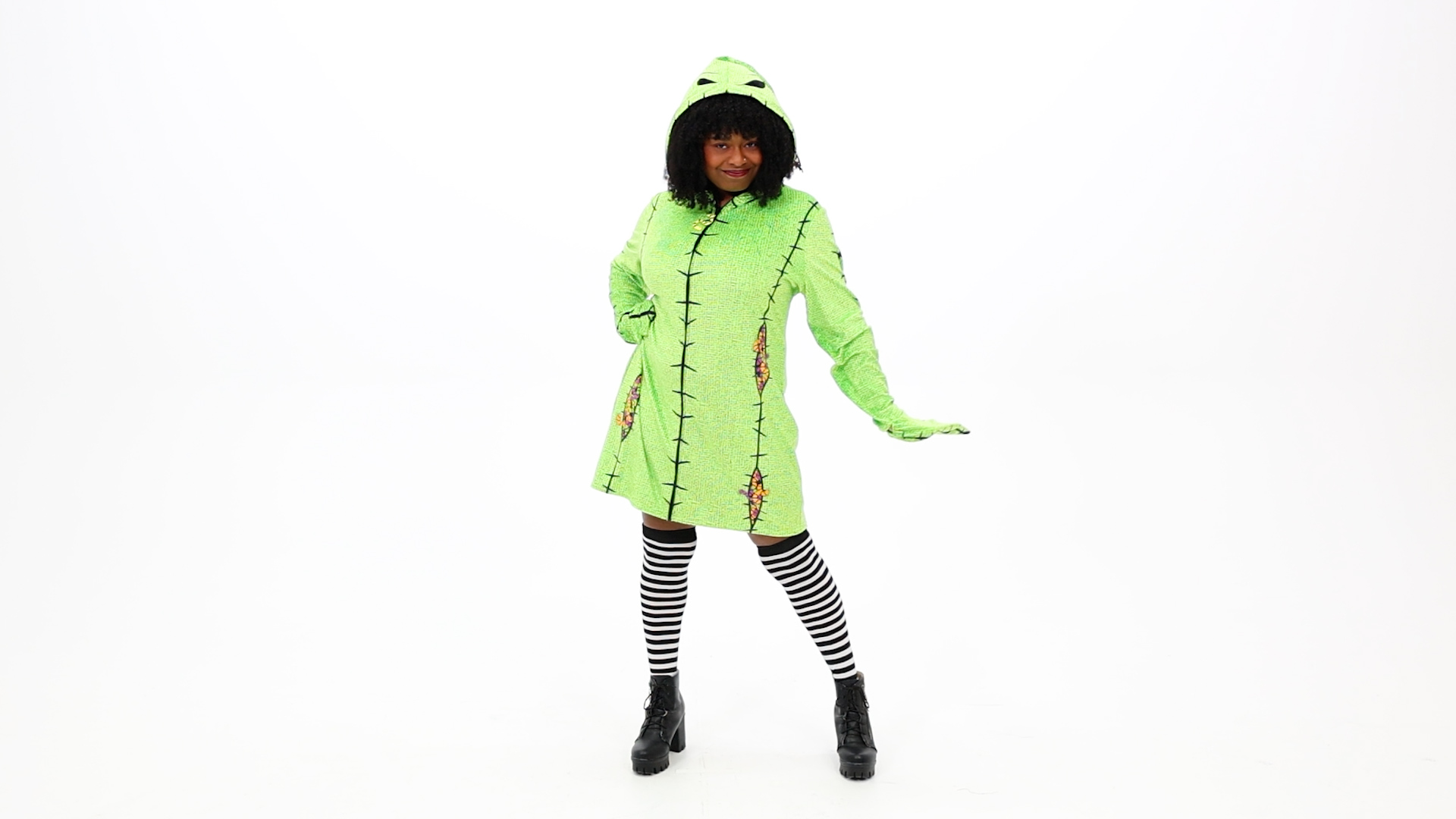 Step into Halloween Town with this Deluxe Disney Oogie Boogie Hoodie Costume Dress for Women! It is perfect for parties, cosplay, and for some spooky style!